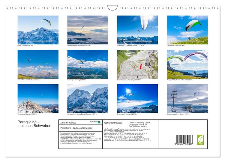 Produktbild: Paragliding - lautloses Schweben (Wandkalender 2026 DIN A3 quer), CALVENDO Monatskalender