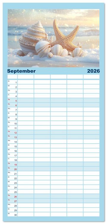 Produktbild: Familienplaner 2026 - Sandgefl&uuml;ster und Muschelzauber mit 5 Spalten (Wandkalender, 21 x 45 cm) CALVENDO