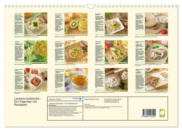 Produktbild: Leckere Aufstriche - Ein Kalender mit Rezepten (Wandkalender 2027 DIN A3 quer), CALVENDO Monatskalender
