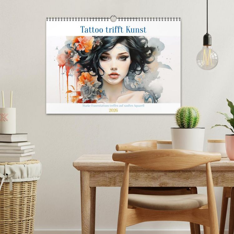 Produktbild: Tattoo trifft Kunst - Starke Tattoos treffen auf sanftes Aquarell (Wandkalender 2026 DIN A3 quer), CALVENDO Monatskalender