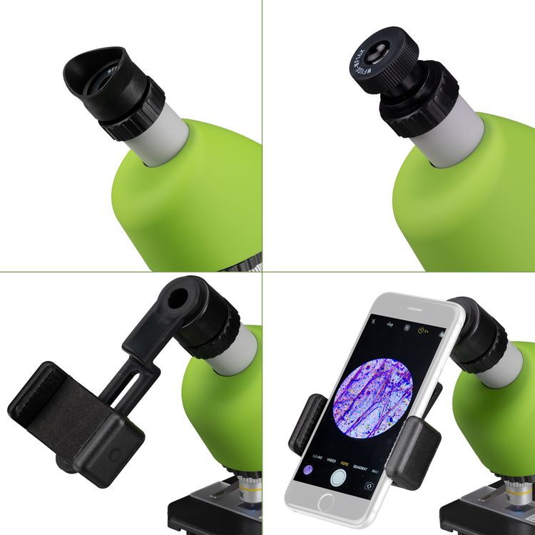 Produktbild: Bresser Junior 13122 - Kinder-Mikroskop (gr&uuml;n) mit 40-640x Vergr&ouml;&szlig;erung mit LED, Zoom-Okular, Smartphonehalter und Urzeitkrebse-Set