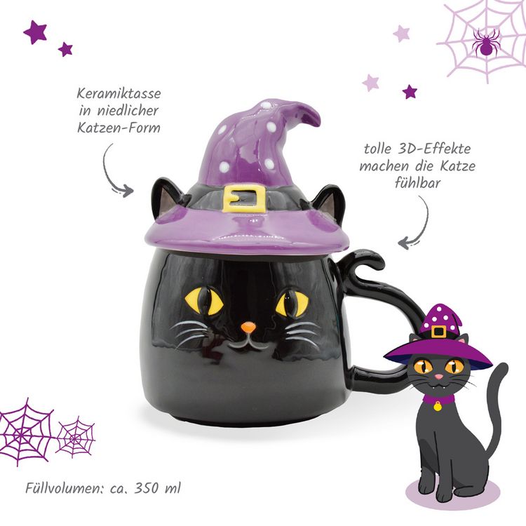 Produktbild: Tr&ouml;tsch Spuktasse mit Deckel Katze Keramiktasse Halloween
