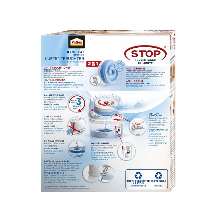 Produktbild: Pattex Luftentfeuchter, BAD 360&deg; Kompaktger&auml;t und 450 g Tab, blau, 9H BAD360