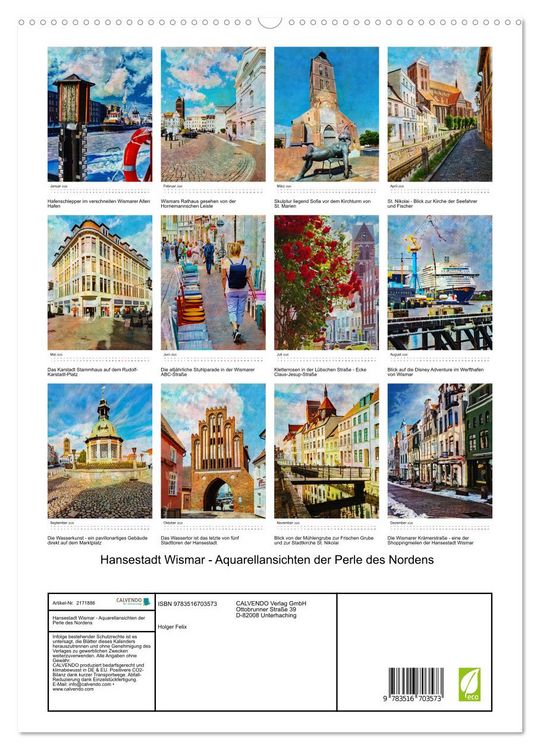 Produktbild: Hansestadt Wismar - Aquarellansichten der Perle des Nordens (hochwertiger Premium Wandkalender 2026 DIN A2 hoch), Kunstdruck in Hochglanz