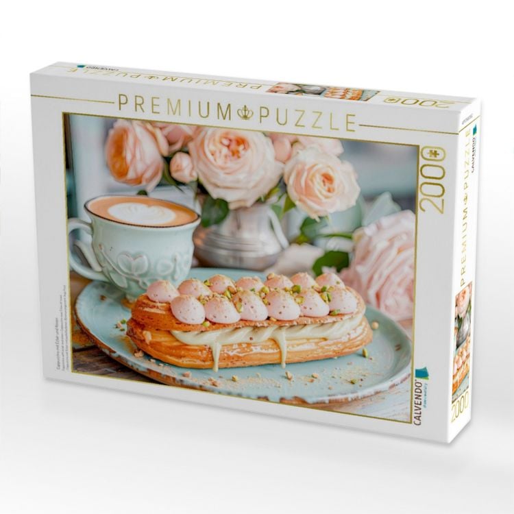 Produktbild: CALVENDO Puzzle Cappuccino mit &Eacute;clair und Rosen | 2000 Teile Lege-Gr&ouml;&szlig;e 90x67cm Foto-Puzzle f&uuml;r gl&uuml;ckliche Stunden