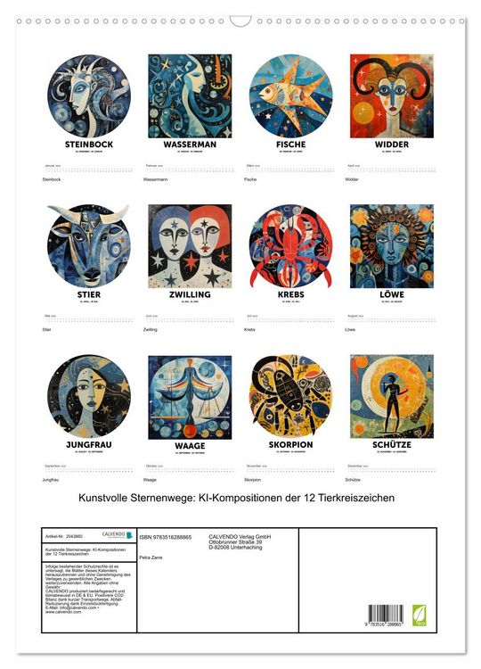 Produktbild: Kunstvolle Sternenwege: KI-Kompositionen der 12 Tierkreiszeichen (Wandkalender 2026 DIN A2 hoch), CALVENDO Monatskalender