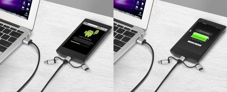 Produktbild: Renkforce USB-Kabel USB 2.0 USB-A Stecker, USB-C&reg; Stecker, USB-Micro-B Stecker, Apple Lightning Stecker 0.25 m Dunkelgrau gesleeved RF-3335106