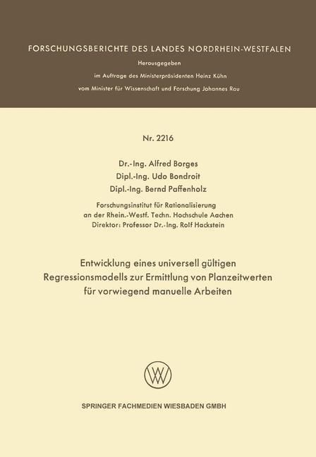 Produktbild: Entwicklung eines universell g&uuml;ltigen Regressionsmodells zur Ermittlung von Planzeitwerten f&uuml;r vorwiegend manuelle Arbeiten