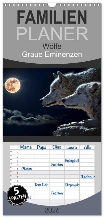 Produktbild: Familienplaner 2026 - W&ouml;lfe. Graue Eminenzen mit 5 Spalten (Wandkalender, 21 x 45 cm) CALVENDO