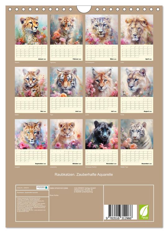Produktbild: Raubkatzen. Zauberhafte Aquarelle (Wandkalender 2026 DIN A4 hoch), CALVENDO Monatskalender