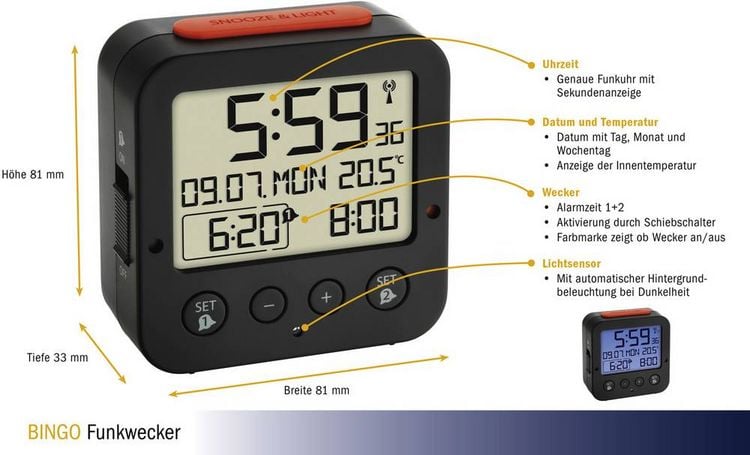 Produktbild: TFA Digitaler Funk-Wecker mit Temperatur BINGO