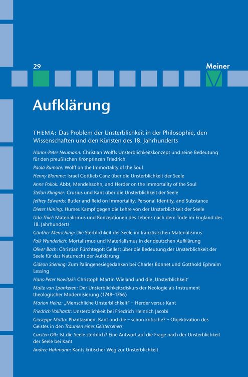 Produktbild: Aufkl&auml;rung, Band 29: Das Problem der Unsterblichkeit in der Philosophie, den Wissenschaften und den K&uuml;nsten des 18. Jahrhunderts