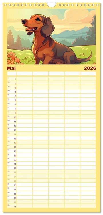 Produktbild: Familienplaner 2026 - Dackel mit 5 Spalten (Wandkalender, 21 x 45 cm) CALVENDO