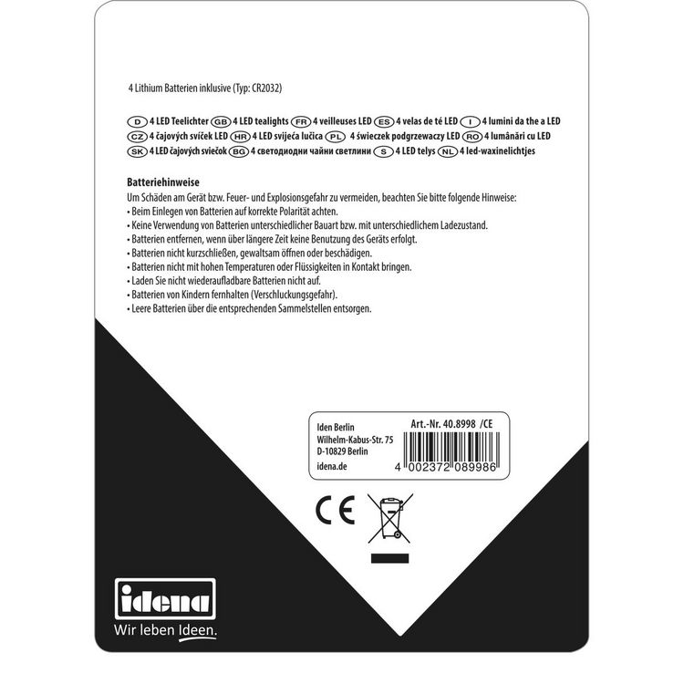 Produktbild: Idena LED Teelichter batteriebetrieben &Oslash;4x4cm 4 St&uuml;ck