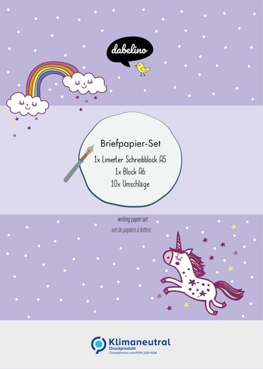 Produktbild: Liniertes Briefpapier-Set f&uuml;r Kinder: Einhorn (f&uuml;r M&auml;dchen, rosa, lila)