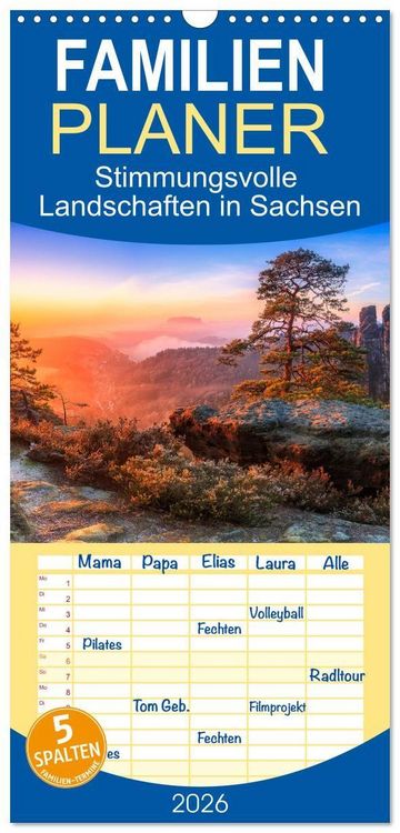 Produktbild: Familienplaner 2026 - Stimmungsvolle Landschaften in Sachsen mit 5 Spalten (Wandkalender, 21 x 45 cm) CALVENDO