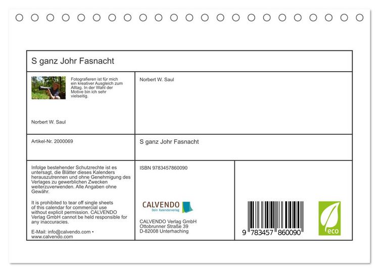 Produktbild: S ganz Johr Fasnacht (Tischkalender 2026 DIN A5 quer), CALVENDO Monatskalender