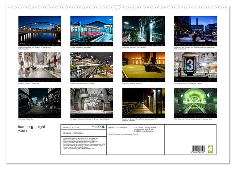 Produktbild: hamburg - night views (Wandkalender 2026 DIN A2 quer), CALVENDO Monatskalender