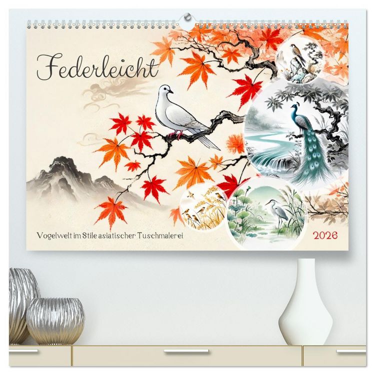 Produktbild: Federleicht - Vogelwelt im Stile asiatischer Tuschmalerei (hochwertiger Premium Wandkalender 2026 DIN A2 quer), Kunstdruck in Hochglanz