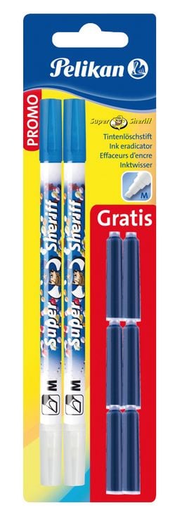 Produktbild: Pelikan Promo, 2 Tintenl&ouml;schstift Super Sheriff + 6 Patronen Blau Gratis