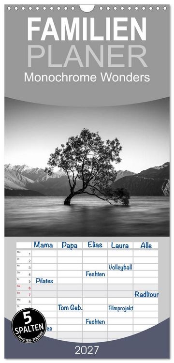 Produktbild: Familienplaner 2027 - Monochrome Wonders mit 5 Spalten (Wandkalender, 21 x 45 cm) CALVENDO