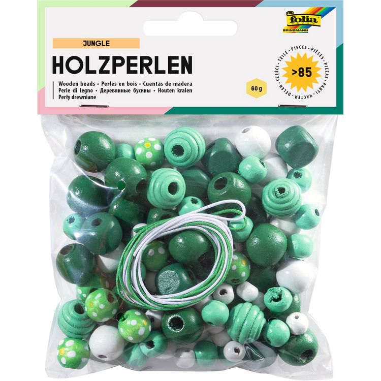 Produktbild: folia Holzperlen Jungle gr&uuml;n wei&szlig; 85 St&uuml;ck