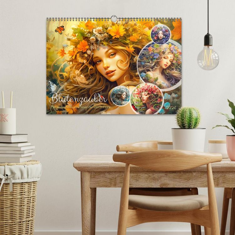 Produktbild: Bl&uuml;tenzauber - Farbenfrohe Illustrationen der G&ouml;ttin Flora (Wandkalender 2026 DIN A3 quer), CALVENDO Monatskalender