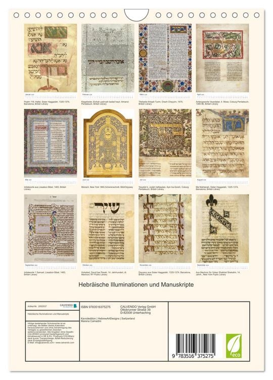 Produktbild: Hebr&auml;ische Illuminationen und Manuskripte (Wandkalender 2026 DIN A4 hoch), CALVENDO Monatskalender