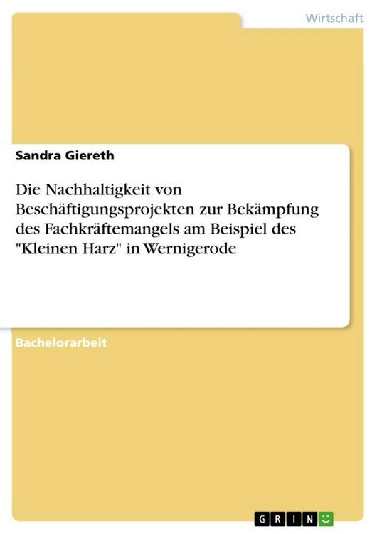 Produktbild: Die Nachhaltigkeit von Besch&auml;ftigungsprojekten zur Bek&auml;mpfung des Fachkr&auml;ftemangels am Beispiel des "Kleinen Harz" in Wernigerode