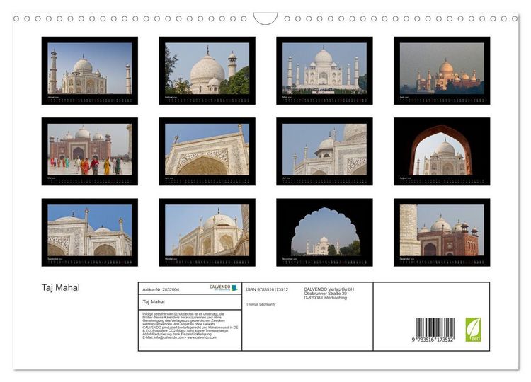 Produktbild: Taj Mahal (Wandkalender 2026 DIN A3 quer), CALVENDO Monatskalender