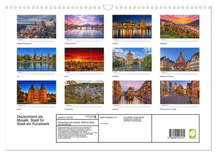 Produktbild: Deutschland als Mosaik. Stadt f&uuml;r Stadt ein Kunstwerk (Wandkalender 2027 DIN A3 quer), CALVENDO Monatskalender