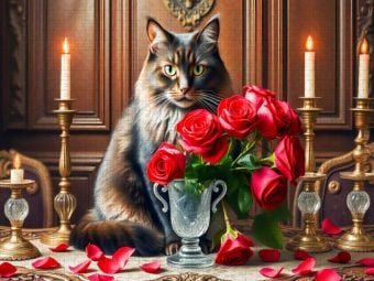 Produktbild: CALVENDO Puzzle Katze hinter Rosenstrau&szlig; mit Kerzen auf Gr&uuml;nderzeit-Tisch | 1000 Teile Lege-Gr&ouml;&szlig;e 64x48cm Foto-Puzzle f&uuml;r gl&uuml;ckliche Stunden