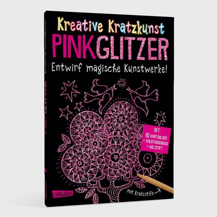 Produktbild: Kratzbilder f&uuml;r Kinder: Kreative Kratzkunst: Pink Glitzer: Set mit 10 Kratzbildern, Anleitungsbuch und Holzstift