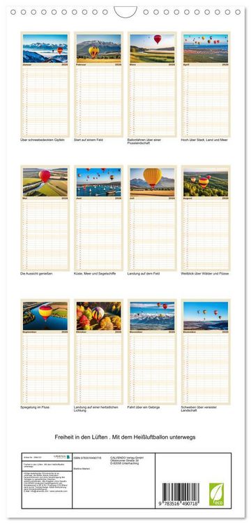 Produktbild: Familienplaner 2026 - Freiheit in den L&uuml;ften . Mit dem Hei&szlig;luftballon unterwegs mit 5 Spalten (Wandkalender, 21 x 45 cm) CALVENDO
