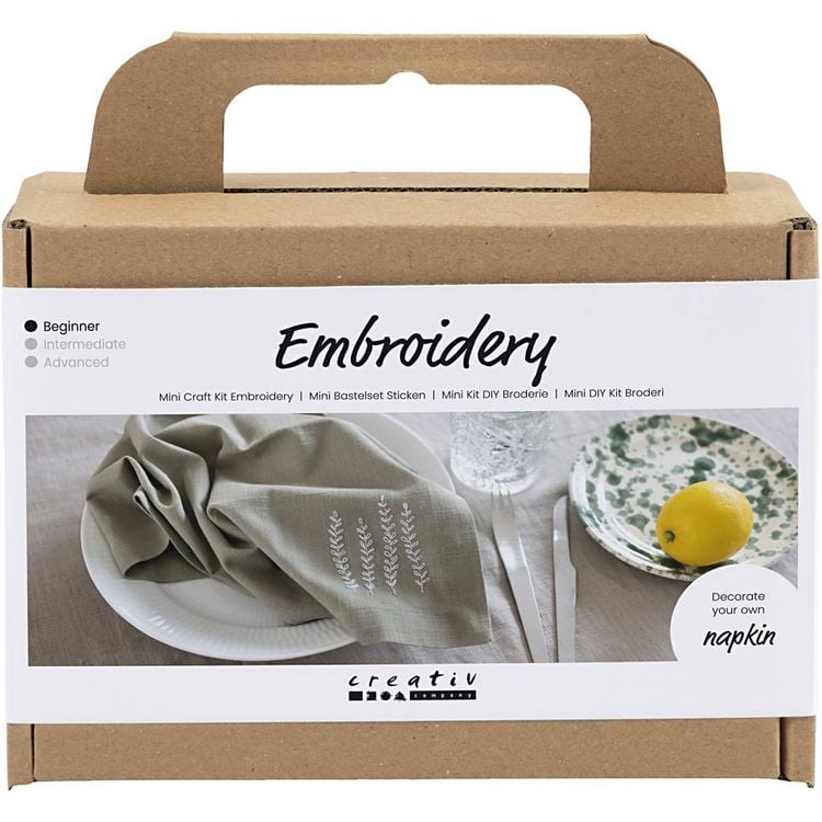 Produktbild: Creativ Company DIY Sets Sticken & Nadelstanzen Mini Kreativ Set Sticken, Staubgr&uuml;n, Serviette, Kreativ Box