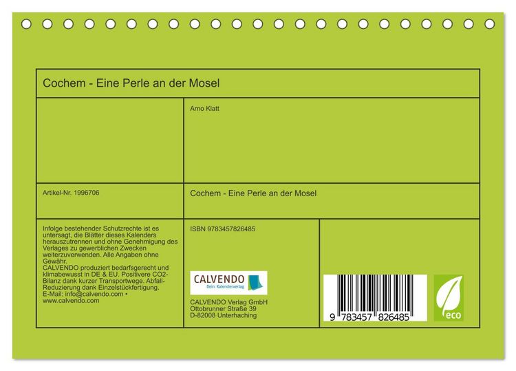 Produktbild: Cochem - Eine Perle an der Mosel (Tischkalender 2026 DIN A5 quer), CALVENDO Monatskalender