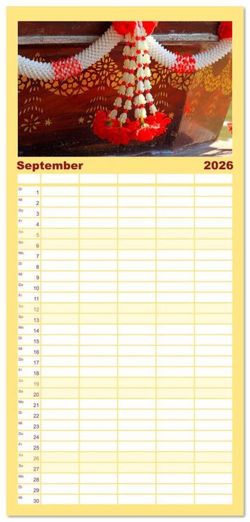 Produktbild: Familienplaner 2026 - Asien - Farbenfrohe Blumenketten mit 5 Spalten (Wandkalender, 21 x 45 cm) CALVENDO