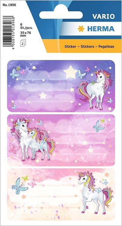 Produktbild: HERMA Schuletiketten Einhorn Best Friends beglimmert 6er Set
