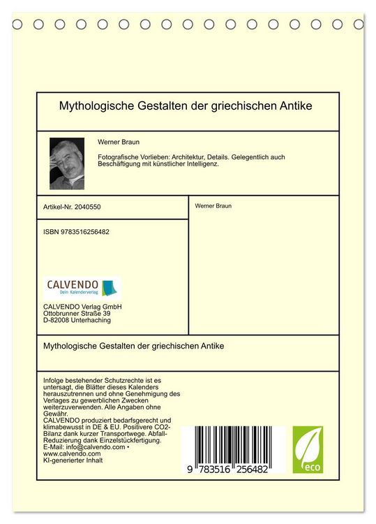 Produktbild: Mythologische Gestalten der griechischen Antike (Tischkalender 2026 DIN A5 hoch), CALVENDO Monatskalender