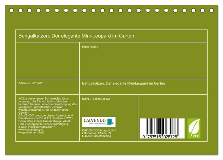 Produktbild: Bengalkatzen. Der elegante Mini-Leopard im Garten (Tischkalender 2026 DIN A5 quer), CALVENDO Monatskalender