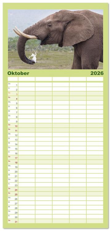 Produktbild: Familienplaner 2026 - Elefanten Begegnungen im &ouml;stlichen und s&uuml;dlichen Afrika mit 5 Spalten (Wandkalender, 21 x 45 cm) CALVENDO