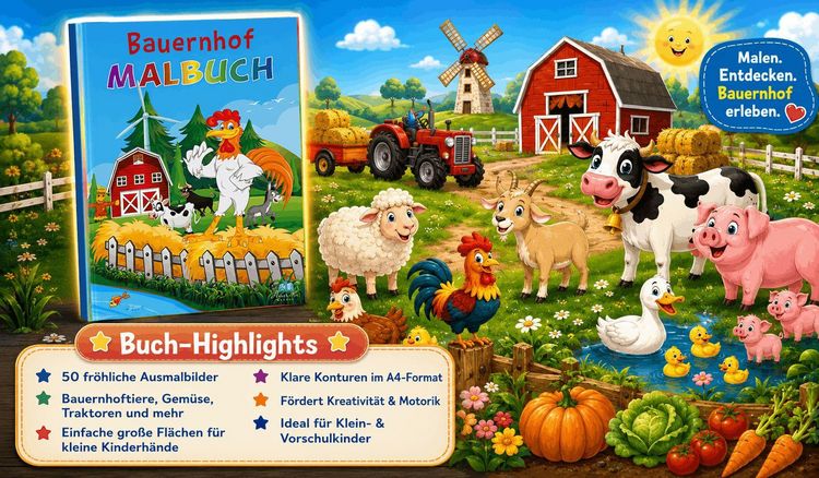 Produktbild: Bauernhof Malbuch f&uuml;r Kinder ab 3 Jahren mit 50 sch&ouml;nen Bauernhoftieren zum Ausmalen