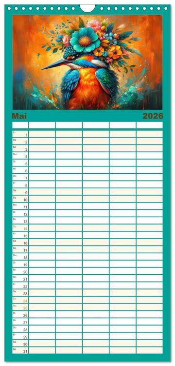 Produktbild: Familienplaner 2026 - Blumige Vogelportr&auml;ts mit 5 Spalten (Wandkalender, 21 x 45 cm) CALVENDO