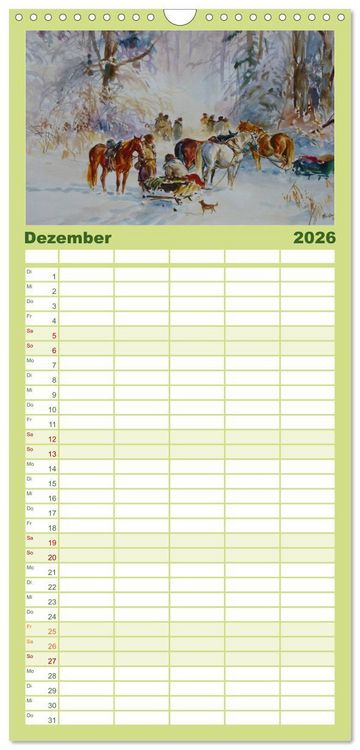 Produktbild: Familienplaner 2026 - Mit Pferden durch die Jahreszeiten - Pferdebilder in &Ouml;l und Aquarell mit 5 Spalten (Wandkalender, 21 x 45 cm) CALVENDO