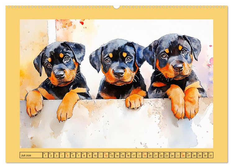Produktbild: Kraftvolle Rottweiler. Stattliche Begleithunde im Aquarell-Stil (hochwertiger Premium Wandkalender 2026 DIN A2 quer), Kunstdruck in Hochglanz