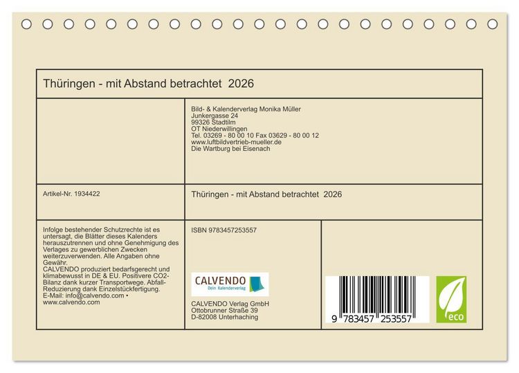 Produktbild: Th&uuml;ringen - mit Abstand betrachtet 2026 (Tischkalender 2026 DIN A5 quer), CALVENDO Monatskalender