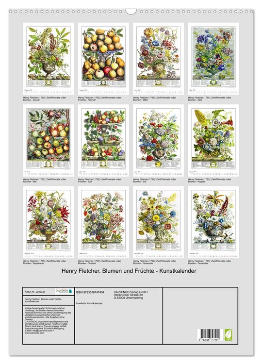 Produktbild: Henry Fletcher. Blumen und Fr&uuml;chte - Kunstkalender (Wandkalender 2026 DIN A2 hoch), CALVENDO Monatskalender