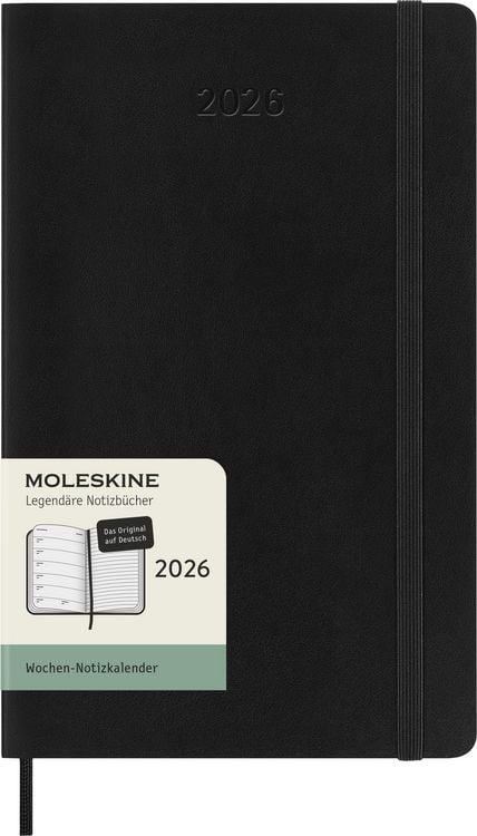 Moleskine 12 Monate Wochen Notizkalender Deutsch 2026, Large/A5, 1 Wo = 1 Seite, rechts linierte Seite, Weicher Einband, Schwarz
