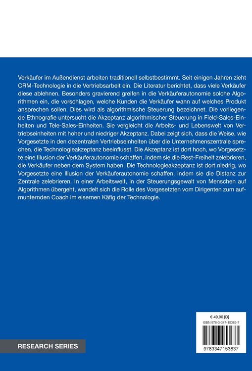 Produktbild: Die Akzeptanz von algorithmischer Steuerung im Vertrieb
