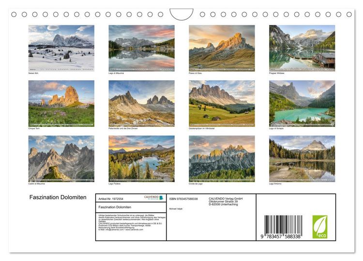 Produktbild: Faszination Dolomiten (Wandkalender 2026 DIN A4 quer), CALVENDO Monatskalender